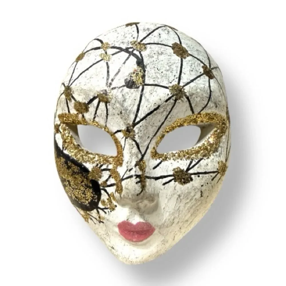 Hand-Painted Miniature Mask Brooch – Gold & Black Art Piece for Women